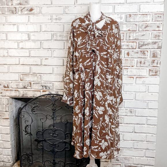 Lane Bryant Tie Neck Bow Brown and Off White Floral Sheer Midi Dress 22 - Picture 10 of 13